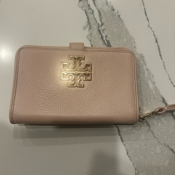 ••EUC Tory Burch Beige Smartphone Pebbled Leather Wallet Gold Tone Hardware - Picture 9 of 9